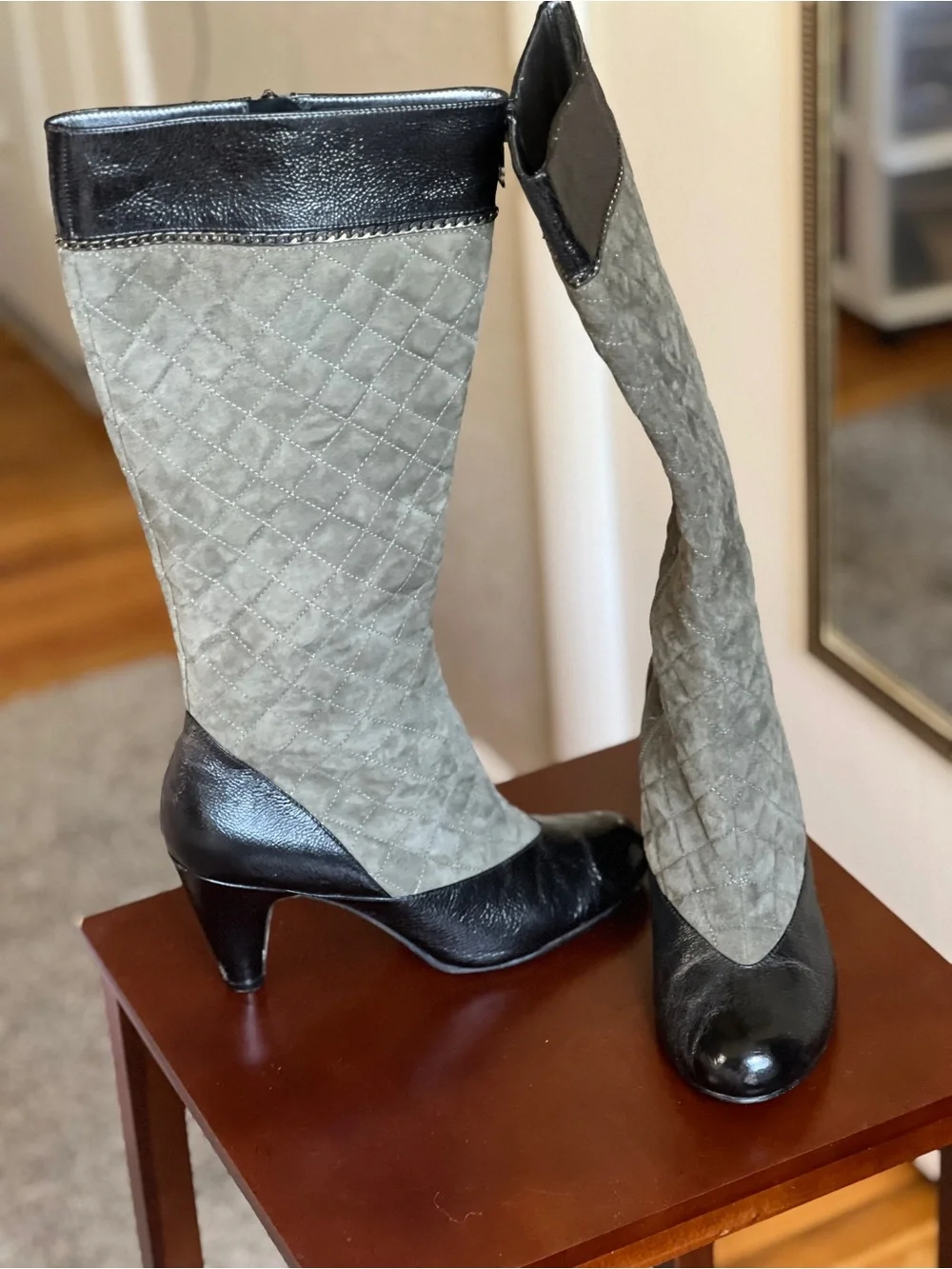 Taryn Rose Quilted Gray Suede and Black Leather Over-the-Knee Boots